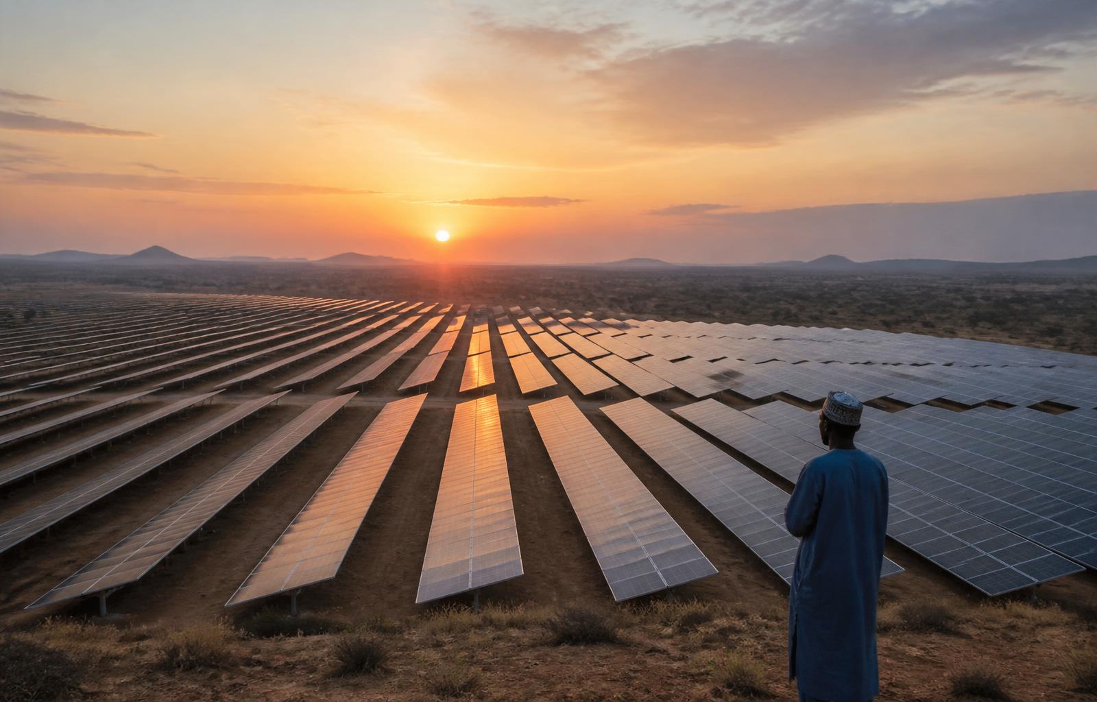 Solar farm at sunrise in West Africa