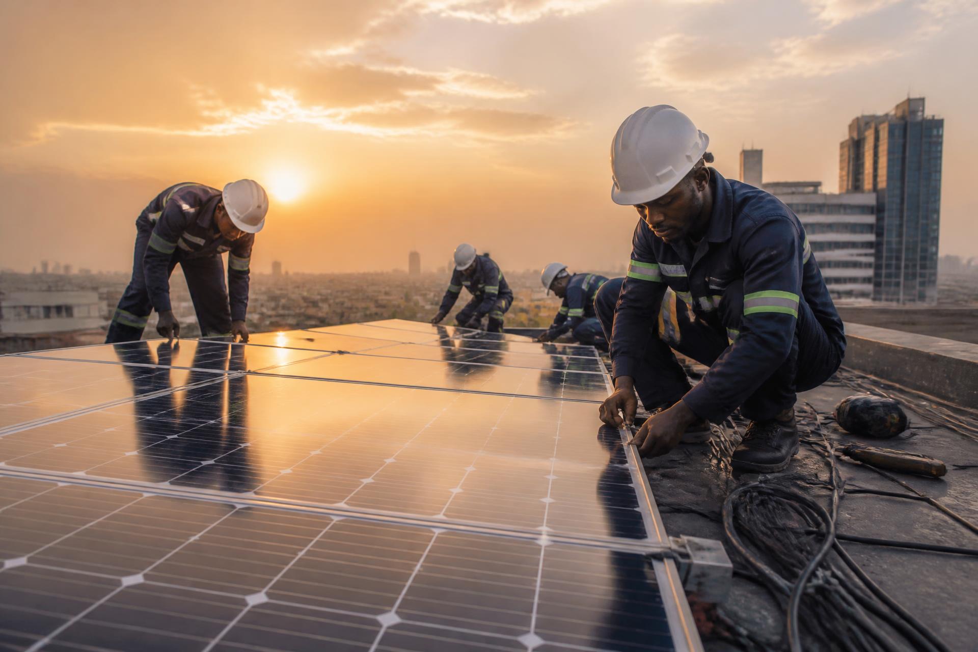 CE-Energy technicians installing solar panels on a rooftop in Lagos at sunset